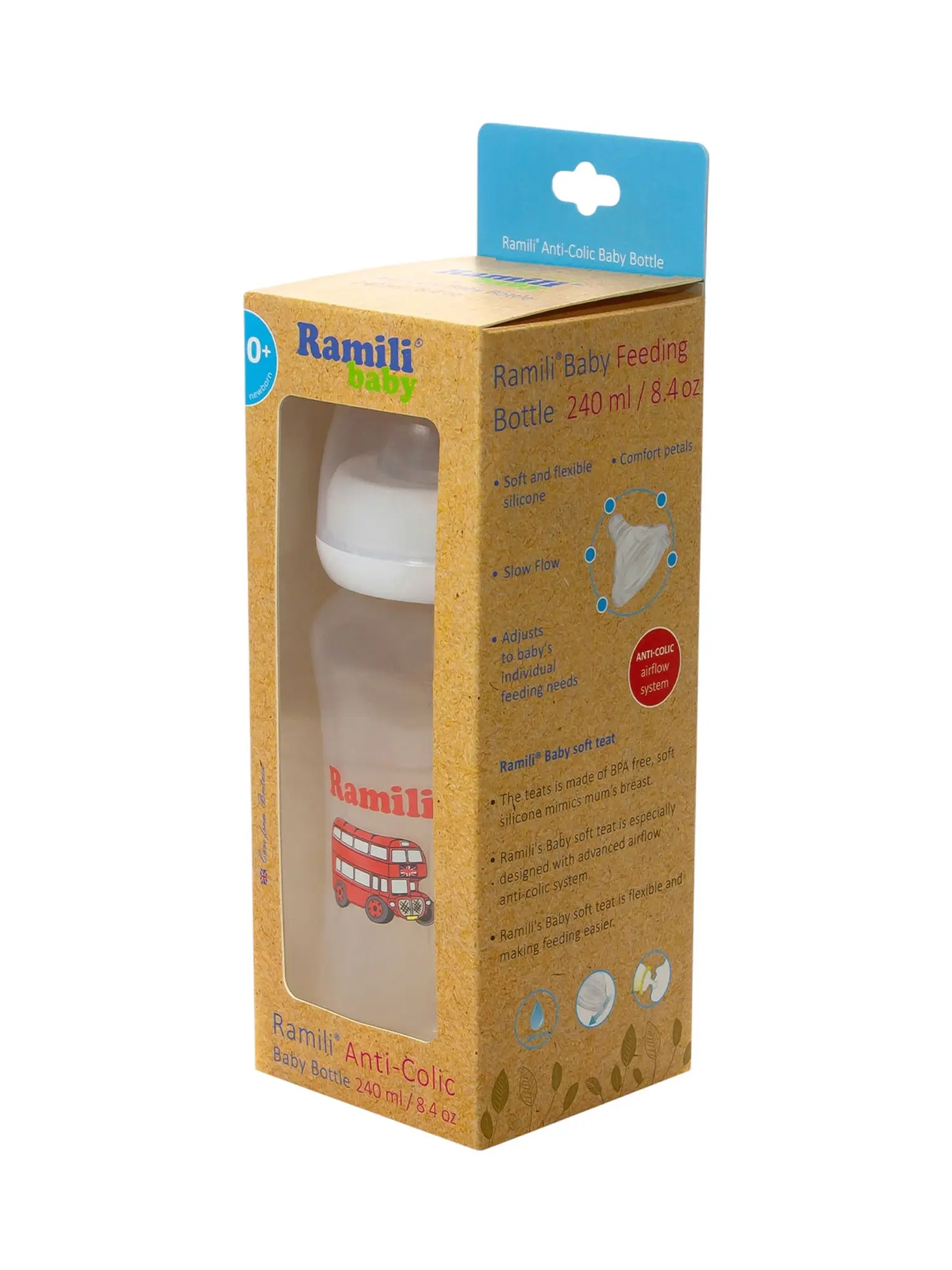 Противоколиковая бутылочка для кормления Ramili Baby 240 мл. с двумя сосками 0+ и 3+ (240MLBT100M, слабый и средний поток) - изображение 2